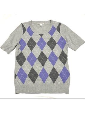 Banana Republic Merino Wool Grey Purple Argyle Short Sleeve Sweater Tee
